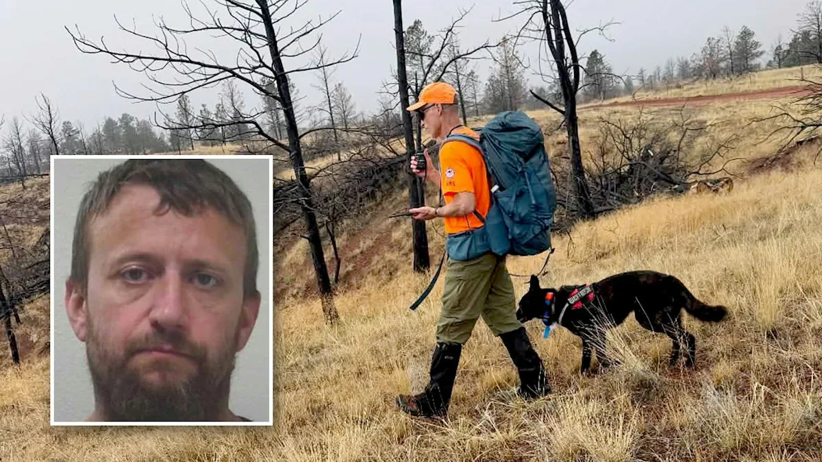 Search volunteers and a dog team work in rugged ravine terrain near Gillette