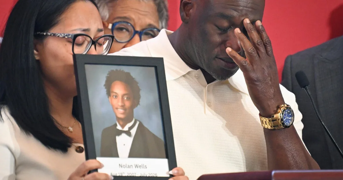Family members and attorneys speak after a grand jury decision in the Nolan Wells case